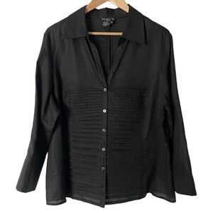 Tracy M 100% Linen Blouse Womens 3X Black Button Down Shirt Pleated Top EUC